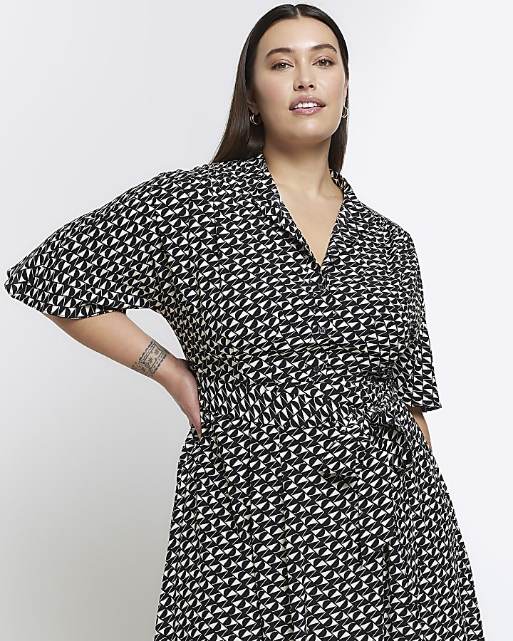 Plus black geometric belted midi shirt dress