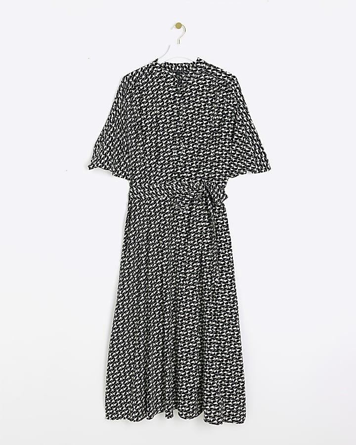 Plus black geometric belted midi shirt dress