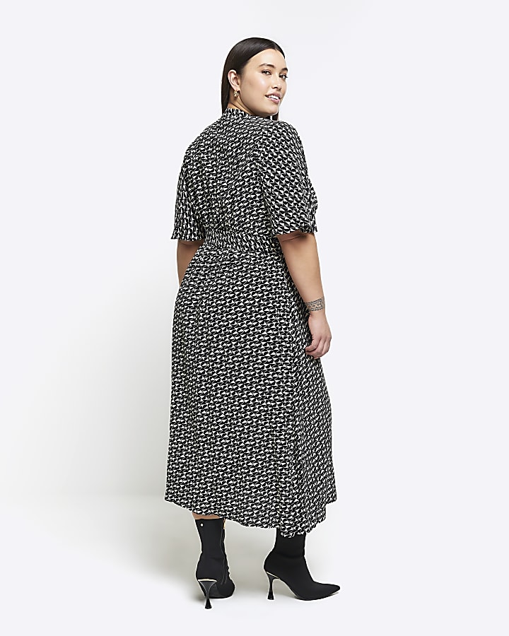 Plus black geometric belted midi shirt dress