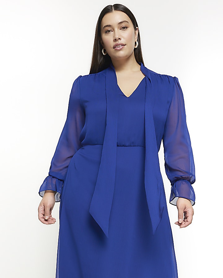 Plus blue chiffon tie neck swing maxi dress