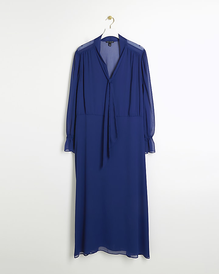 Plus blue chiffon tie neck swing maxi dress