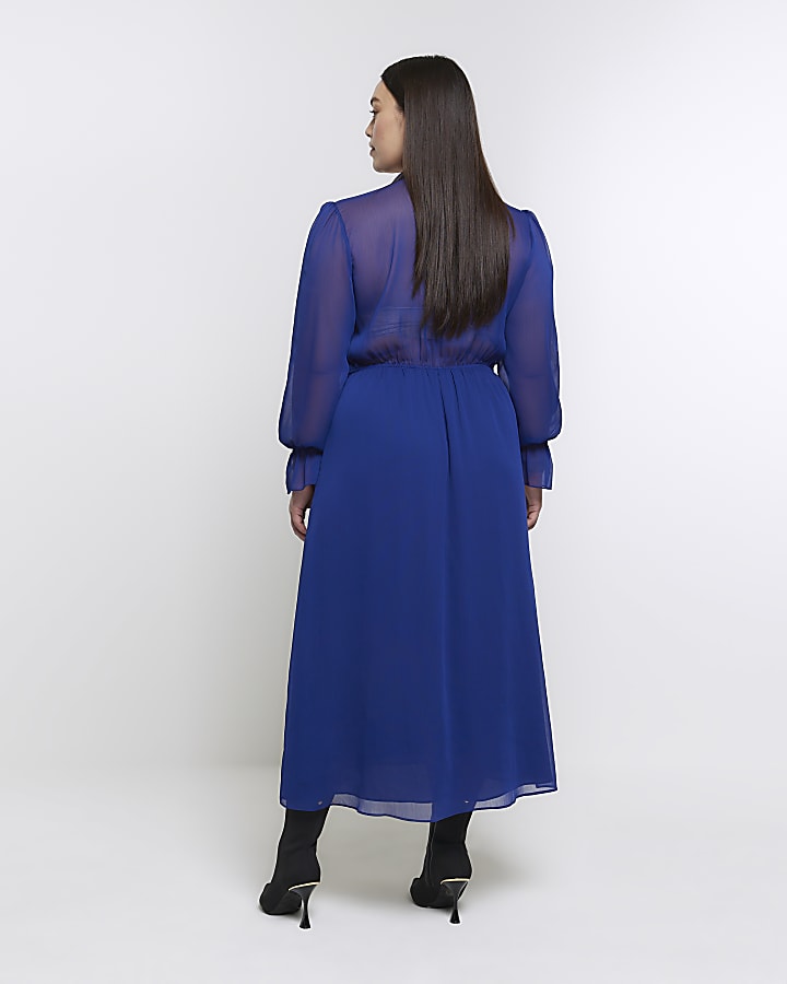 Plus blue chiffon tie neck swing maxi dress