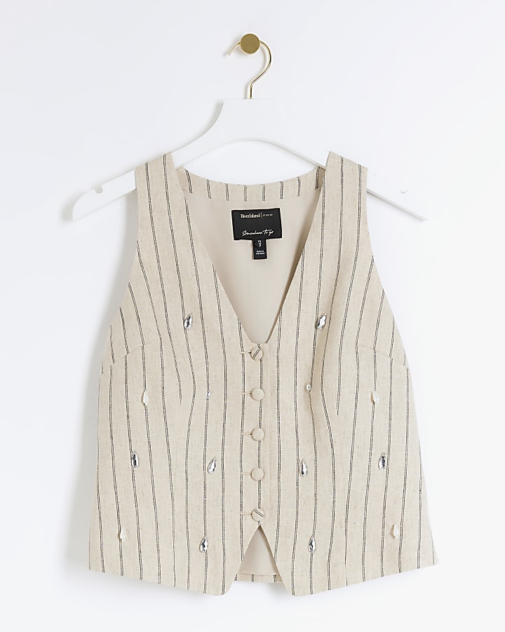 Cream Stripe Embellished Waistcoat