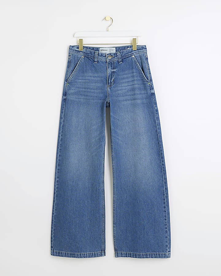 Blue mid rise baggy wide leg jeans