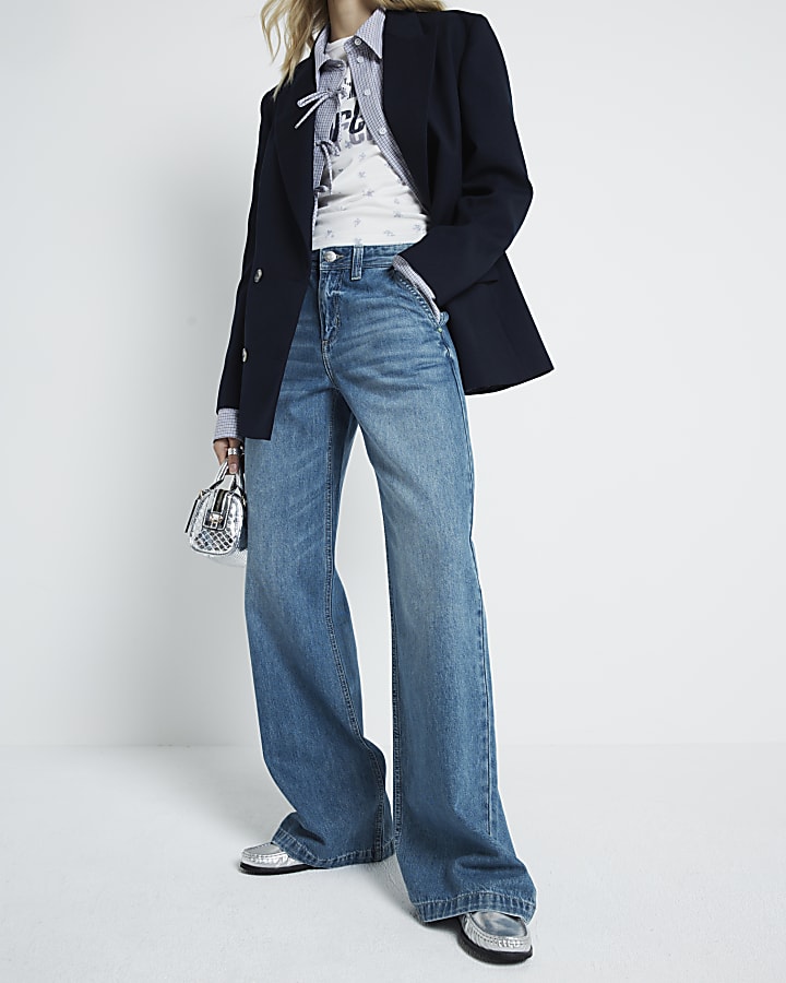 Blue mid rise baggy wide leg jeans