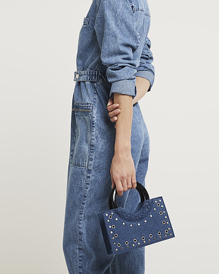 Blue zip up denim jumpsuit