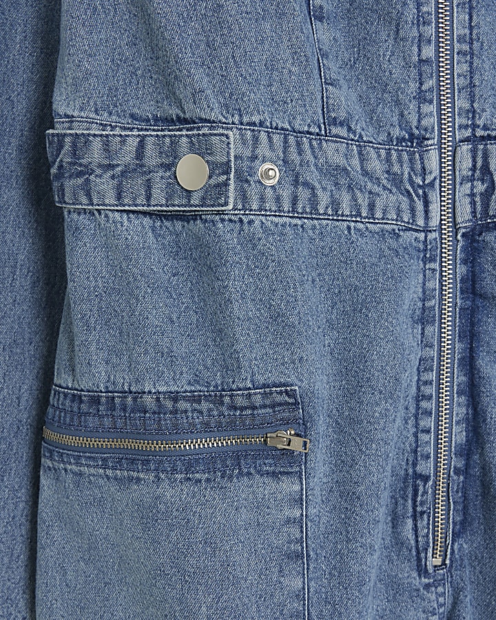 Blue zip up denim jumpsuit