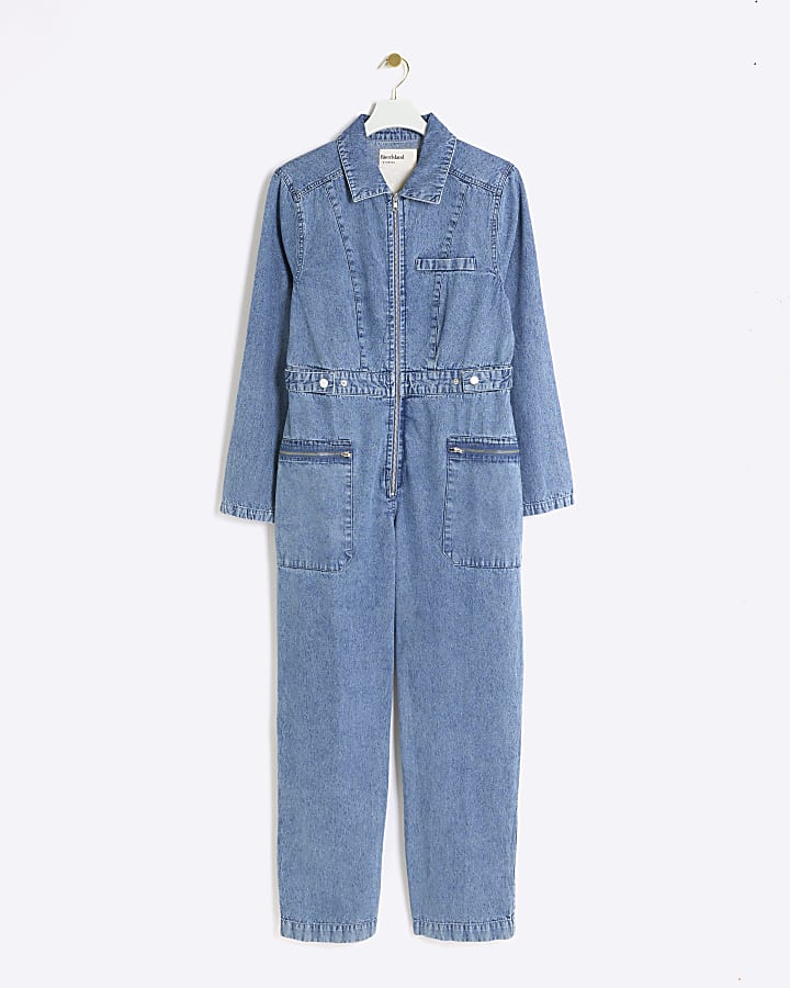 Blue zip up denim jumpsuit