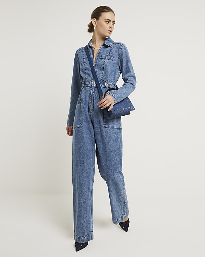 Blue zip up denim jumpsuit River Island