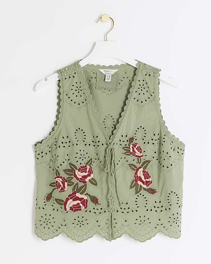 Khaki broderie embroidered tie up vest top