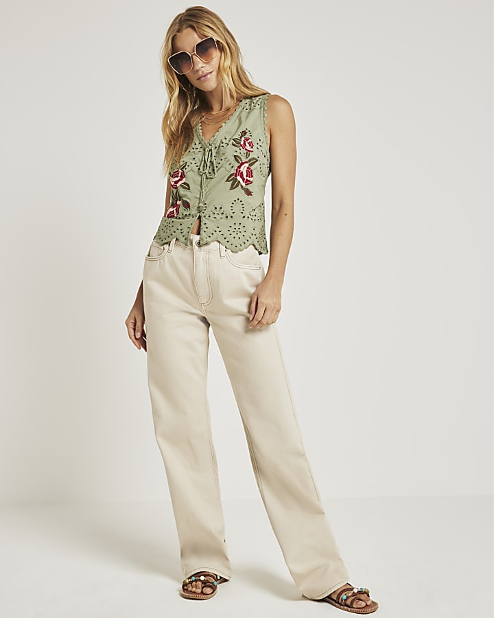 Khaki broderie embroidered tie up vest top