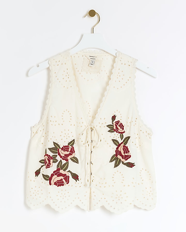 Cream broderie embroidered tie up vest top