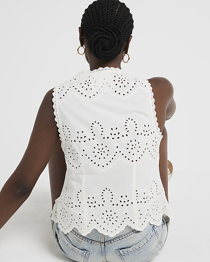 Cream broderie embroidered tie up vest top