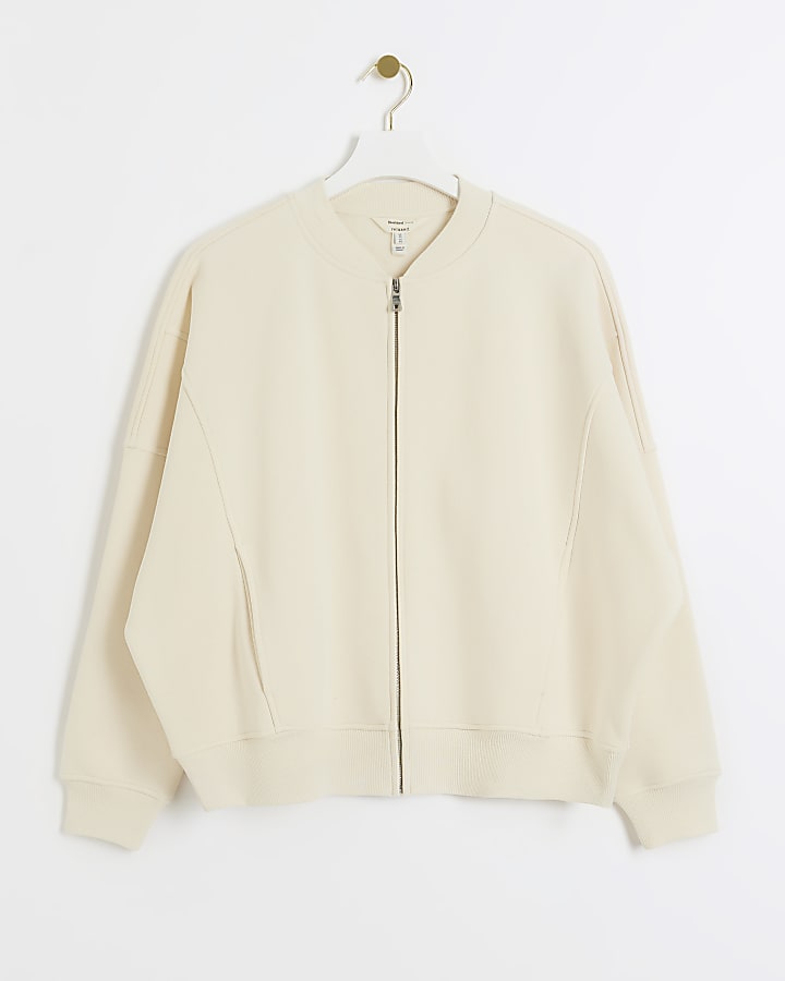 Cream zip up bomber sweatshirt