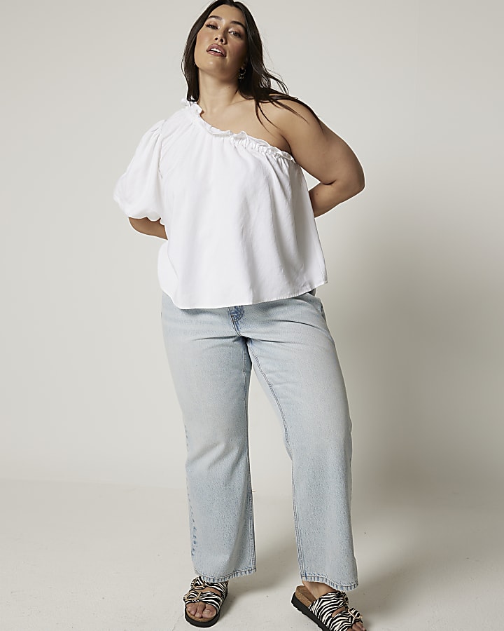 Plus white linen blend one shoulder top