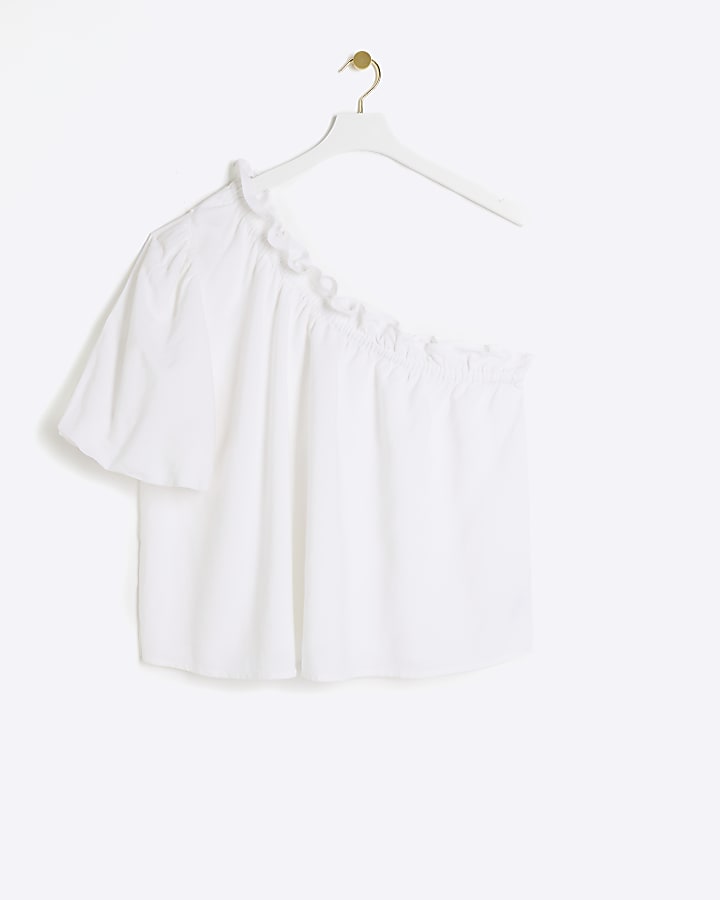 Plus white linen blend one shoulder top