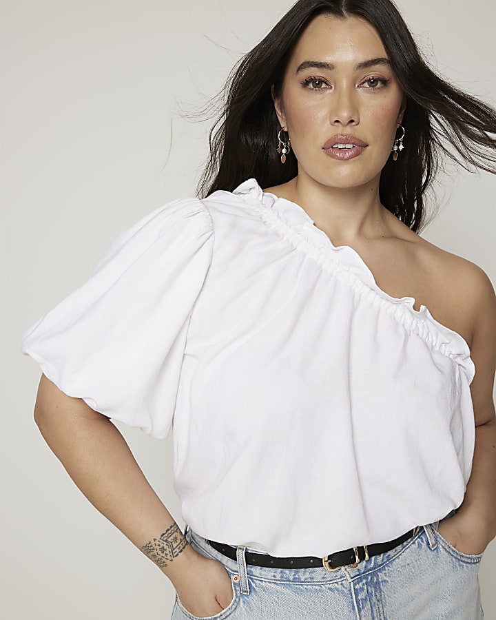 Plus white linen blend one shoulder top