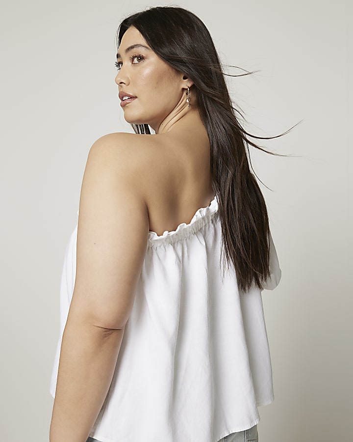 Plus white linen blend one shoulder top