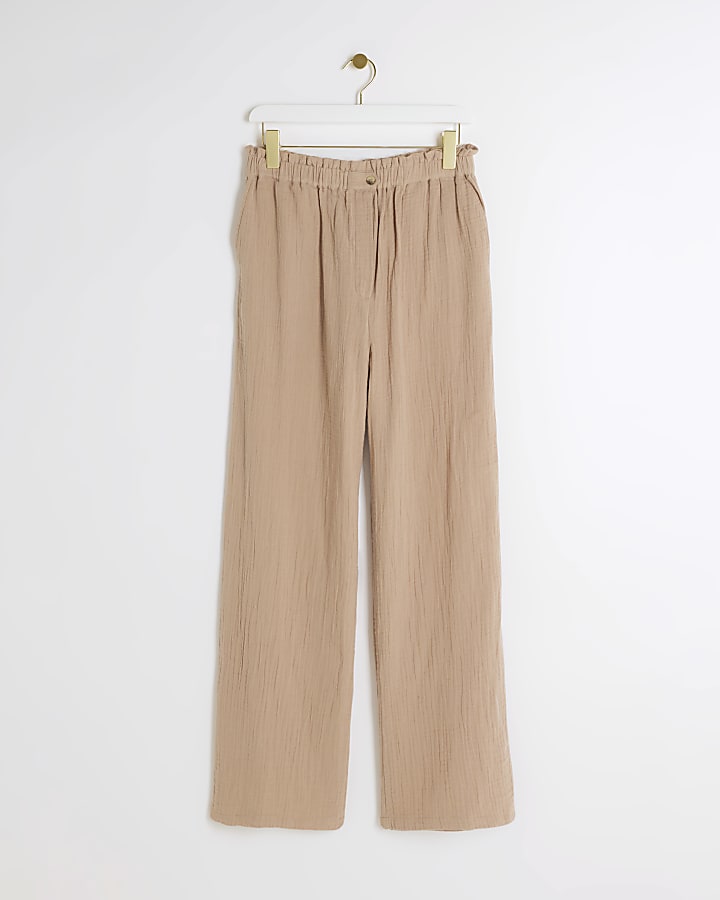 Beige textured wide leg trousers