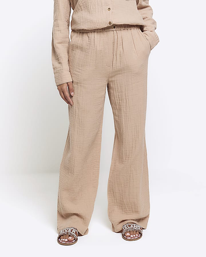 Beige textured wide leg trousers