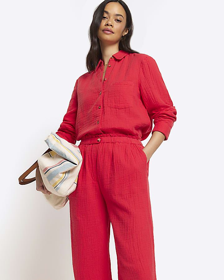 Red textured wide leg trousers