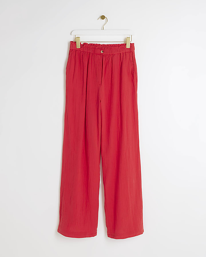 Red textured wide leg trousers