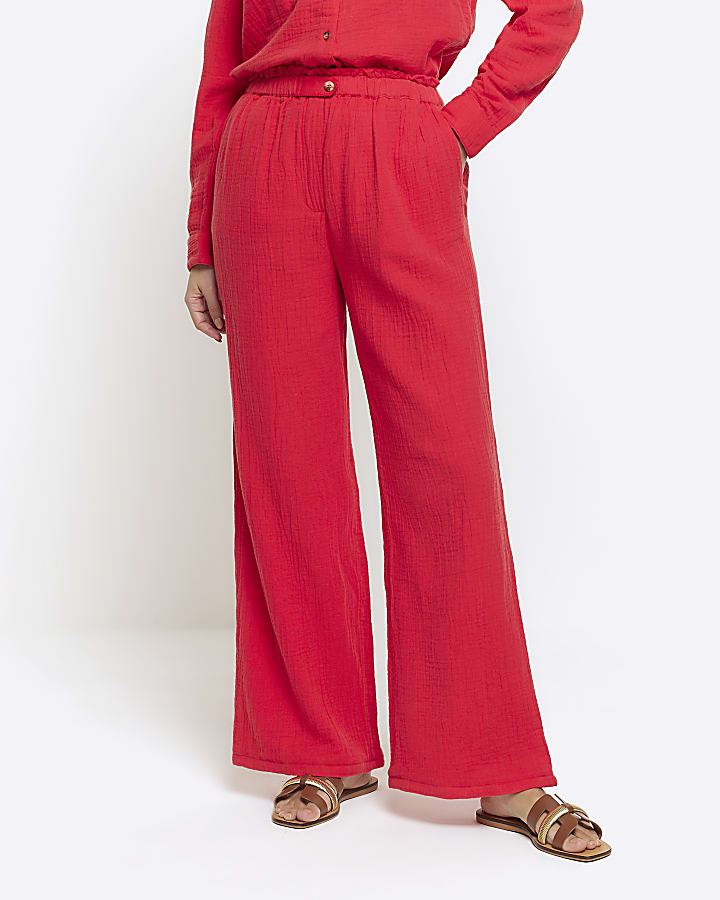 Red textured wide leg trousers