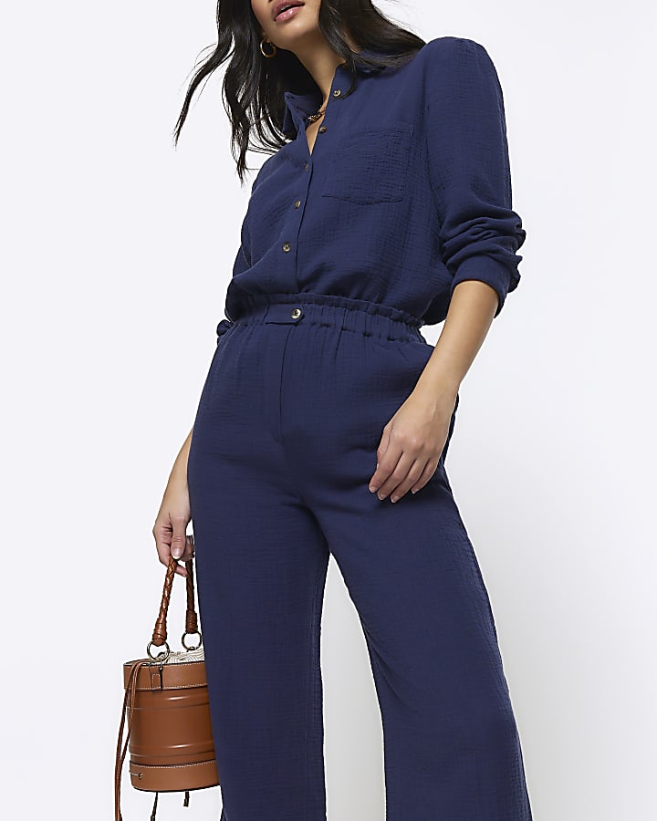 Navy textured wide leg trousers