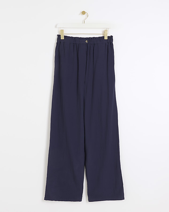 Navy textured wide leg trousers