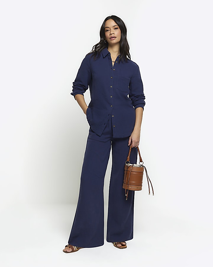 Navy textured wide leg trousers