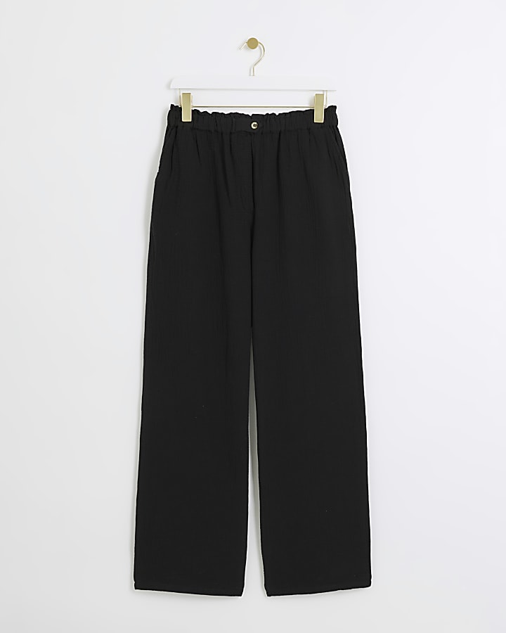 Black textured wide leg trousers