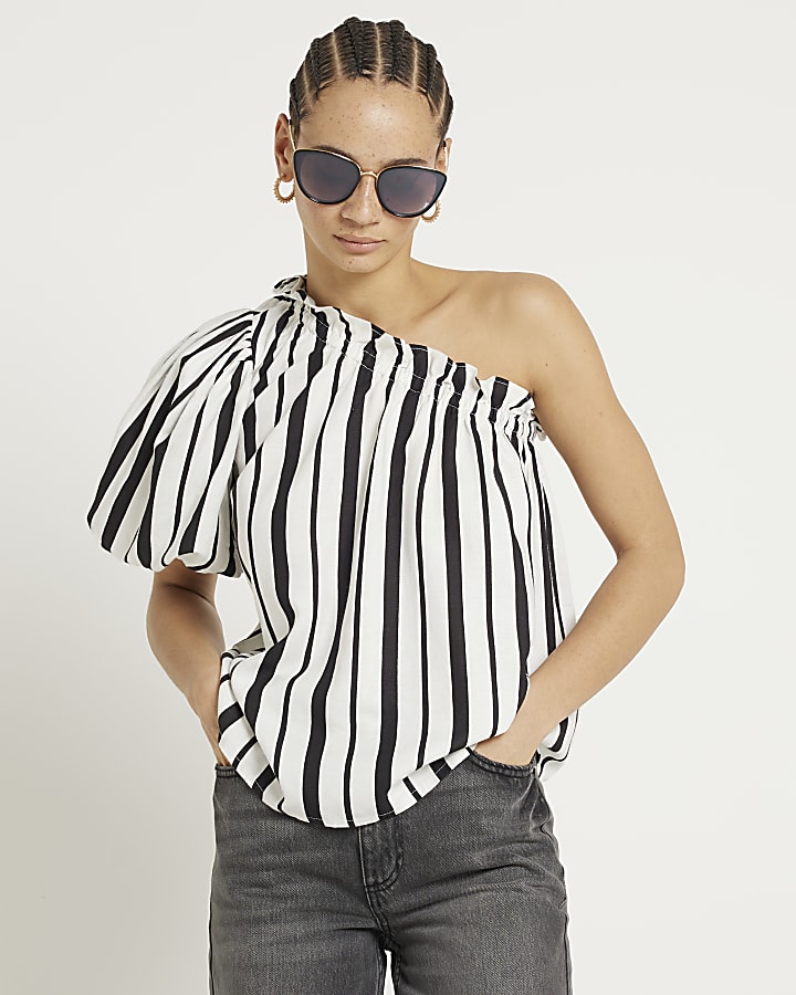 Black linen blend stripe one shoulder top