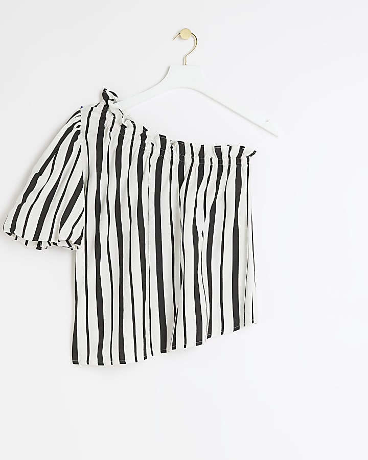 Black linen blend stripe one shoulder top