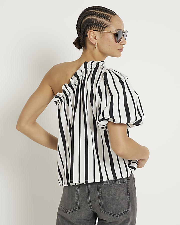 Black linen blend stripe one shoulder top