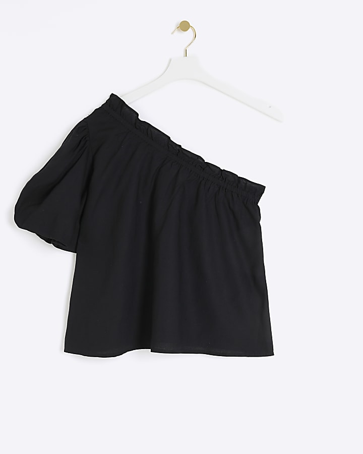 Black linen blend one shoulder top