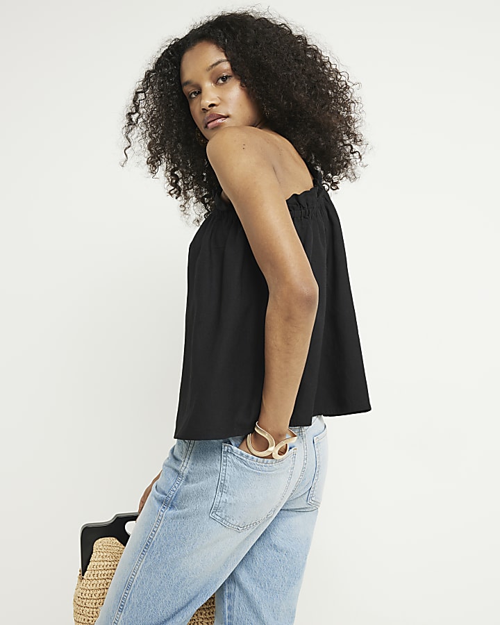 Black linen blend one shoulder top