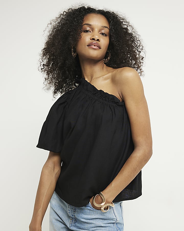 Black linen blend one shoulder top