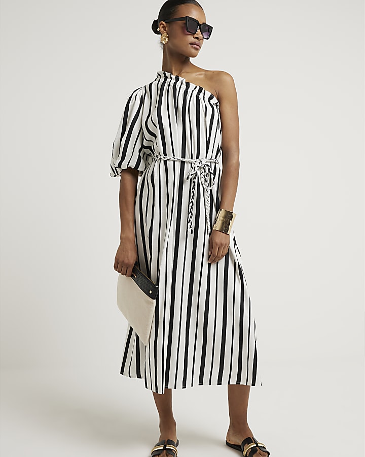 Black linen blend stripe shift midi dress