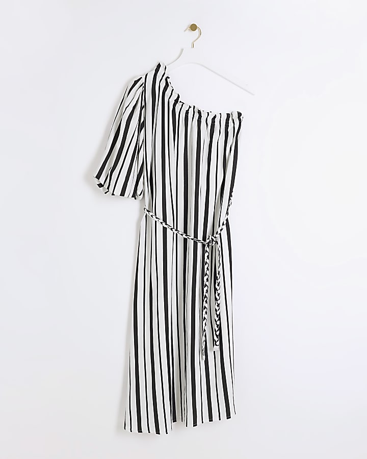 Black linen blend stripe shift midi dress