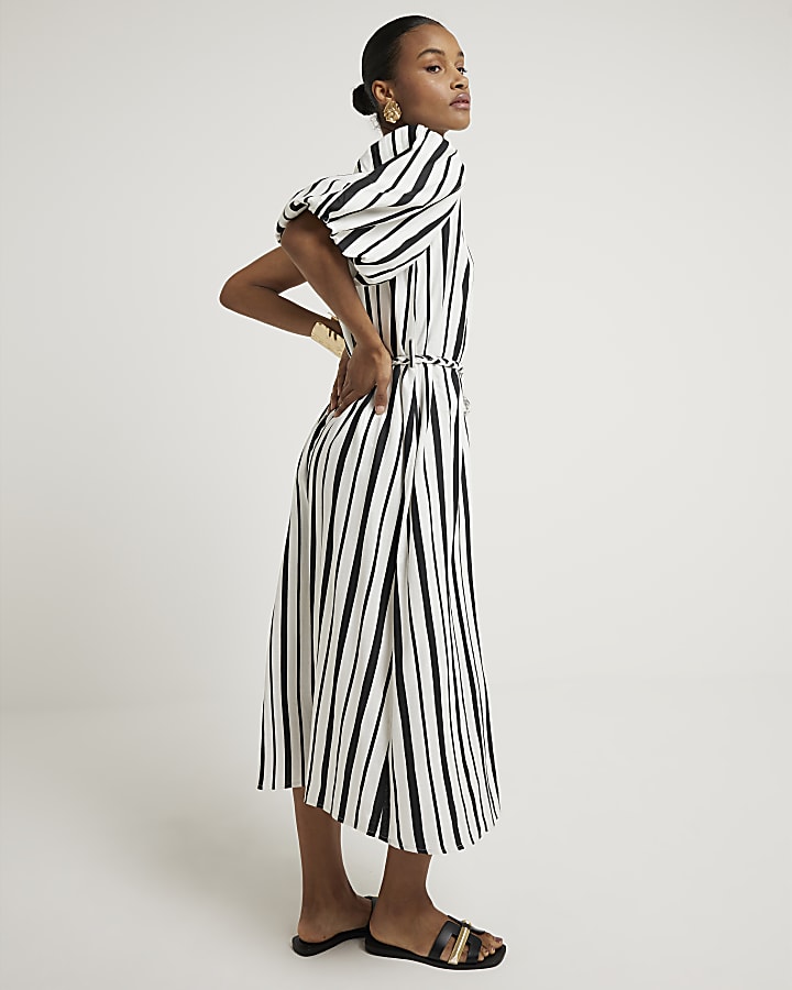 Black linen blend stripe shift midi dress