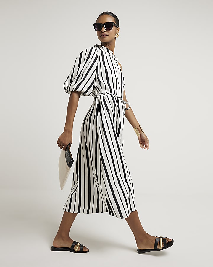 Black linen blend stripe shift midi dress