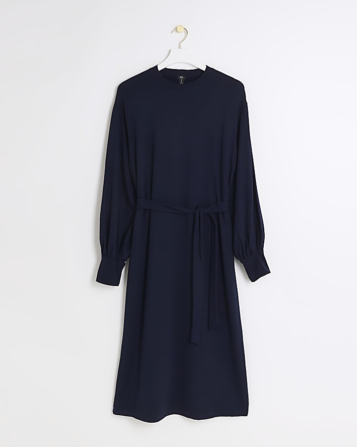 Navy tie waist sweatshirt midi dress