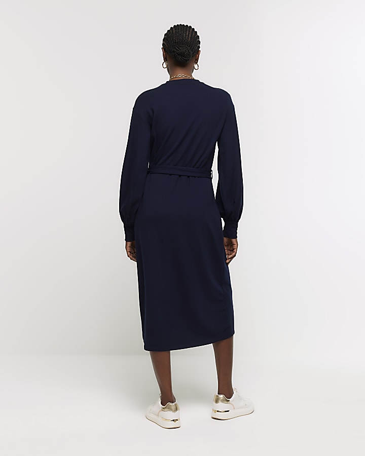 Navy tie waist sweatshirt midi dress