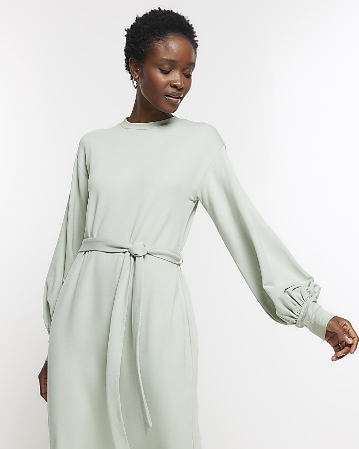 Light Green tie waist sweatshirt midi dress