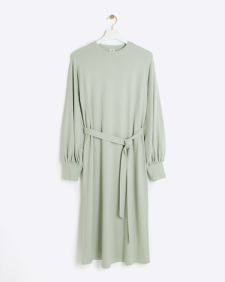 Light Green tie waist sweatshirt midi dress