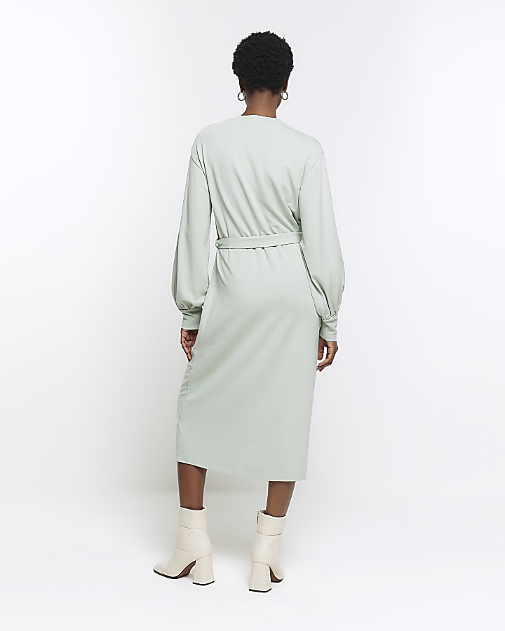 Light Green tie waist sweatshirt midi dress