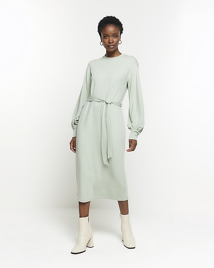 Light Green tie waist sweatshirt midi dress