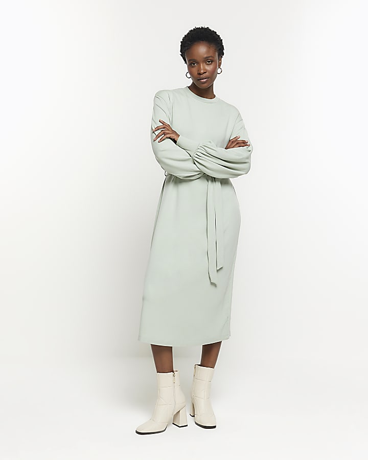 Light Green tie waist sweatshirt midi dress