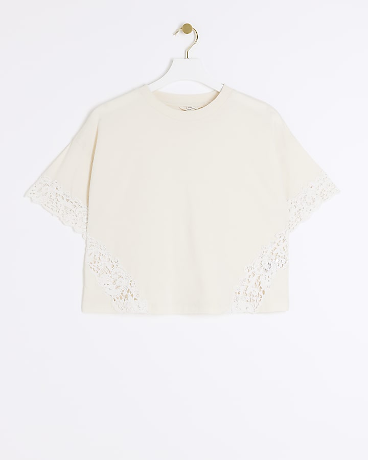 Beige lace panel t-shirt