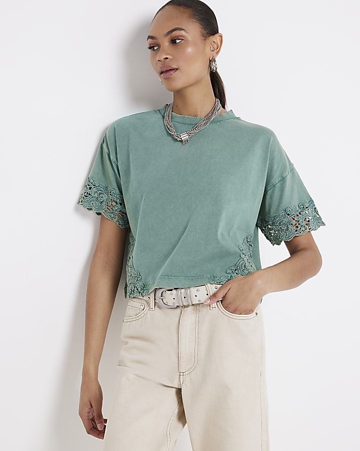 Green lace panel t-shirt